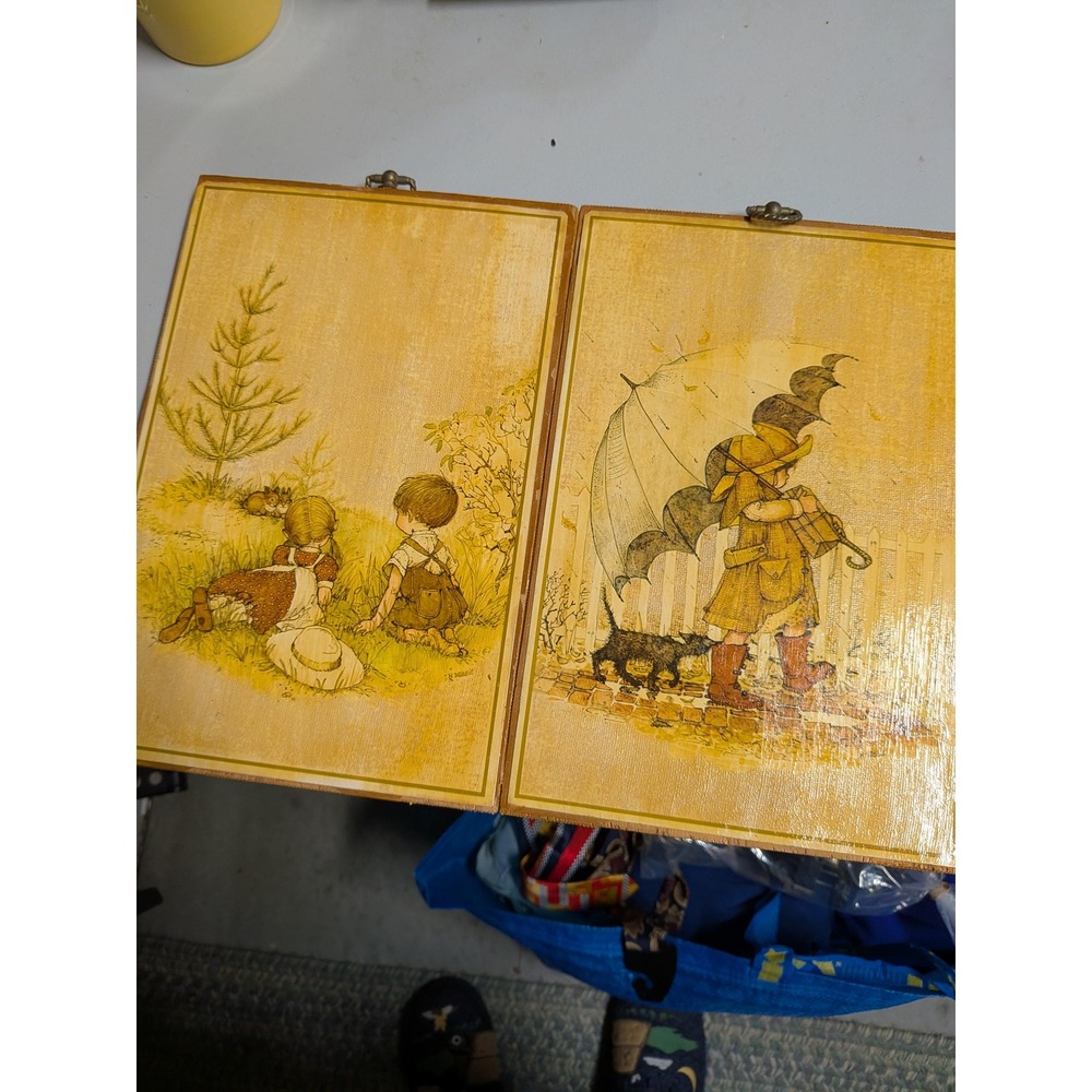 Vintage Holly Hobbie Wooden Plaques Set of 2 1970s Children Wall Art Yellow